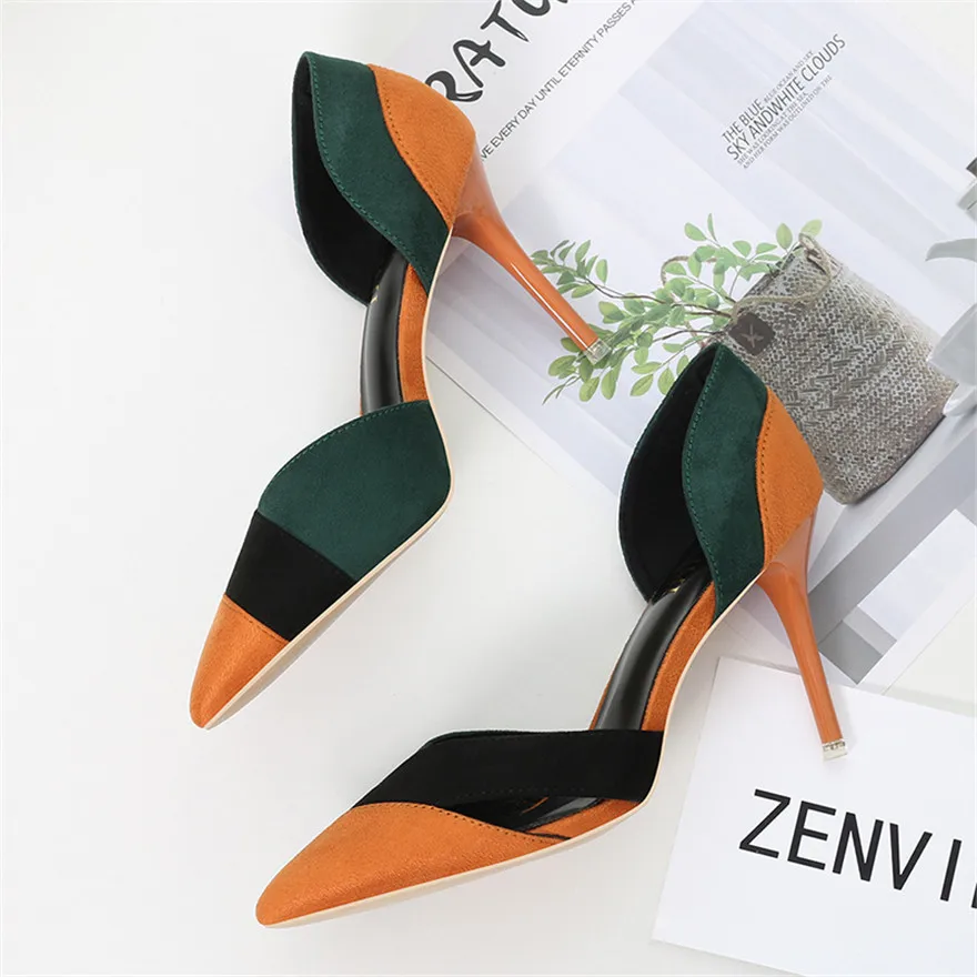 Summer Autumn Women Pumps Fashion High Heels Lady Dress Shoes Green Pink Female Flock Pointy Toe Sexy Hollow Woman Sandals Party