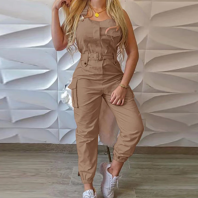 Women Strap Jumpsuit Summer Loose Dungarees Long Rompers Solid Pockets Cargo Pants Female Casual Work Out Playsuits