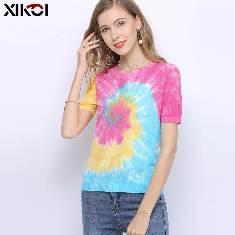 Xikoi outono mulheres camisetas de grandes dimensões mangas curtas o-pescoço verão curto moda casual colorido feminino tricô camisola topos t