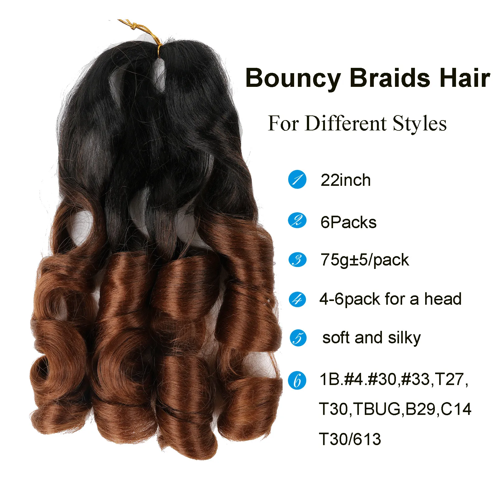 22 inch Loose Wavy Braiding Hair 6 Pack French Curles 75g/pack Synthetic Hair Extensions Pre Stretched Bouncy Braiding