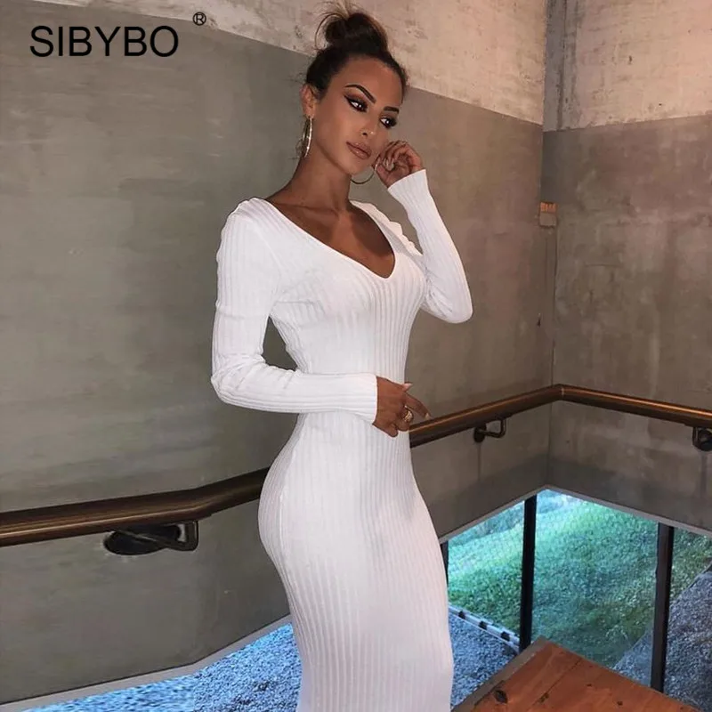 

Sibybo Winter Ribbed Knitted Cotton Dress Women Off Shoulder Long Sleeve Sexy Bodycon Dresses Elastic Slim Party Vestidos 2021