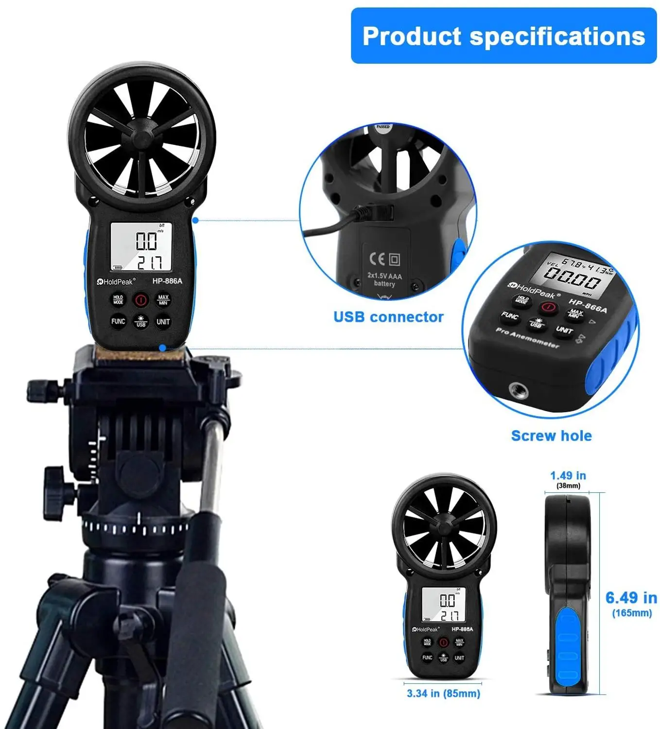 HoldPeak HP-866A 0.3~40m/s Anemometer PC Data Record Wind Speed Meter Portable Air Flow Tester USB Interface Handheld Temp Test