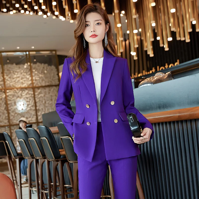 

Autumn Winter Women Blazer And Pants 2 Piece Suit OL Styles Double Breasted Jacket Coat Blaser Formal Professional Trouser Suits