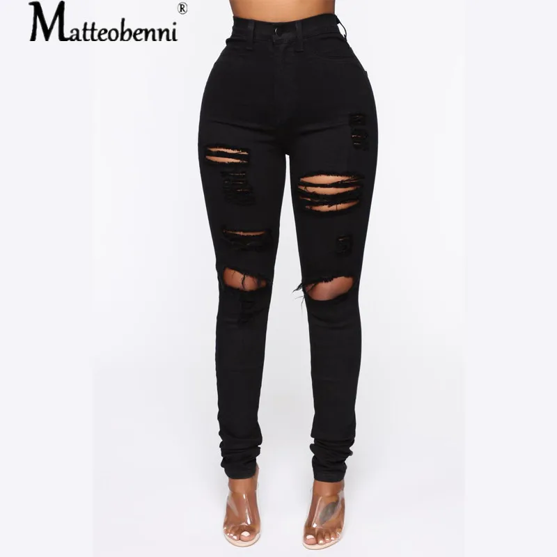 New Black Pencil Jeans High Waist Push Up Skinny Ripped Jeans Denim Sexy Holes Destroyed Knee Pant Ladies Jeans Femme Trousers