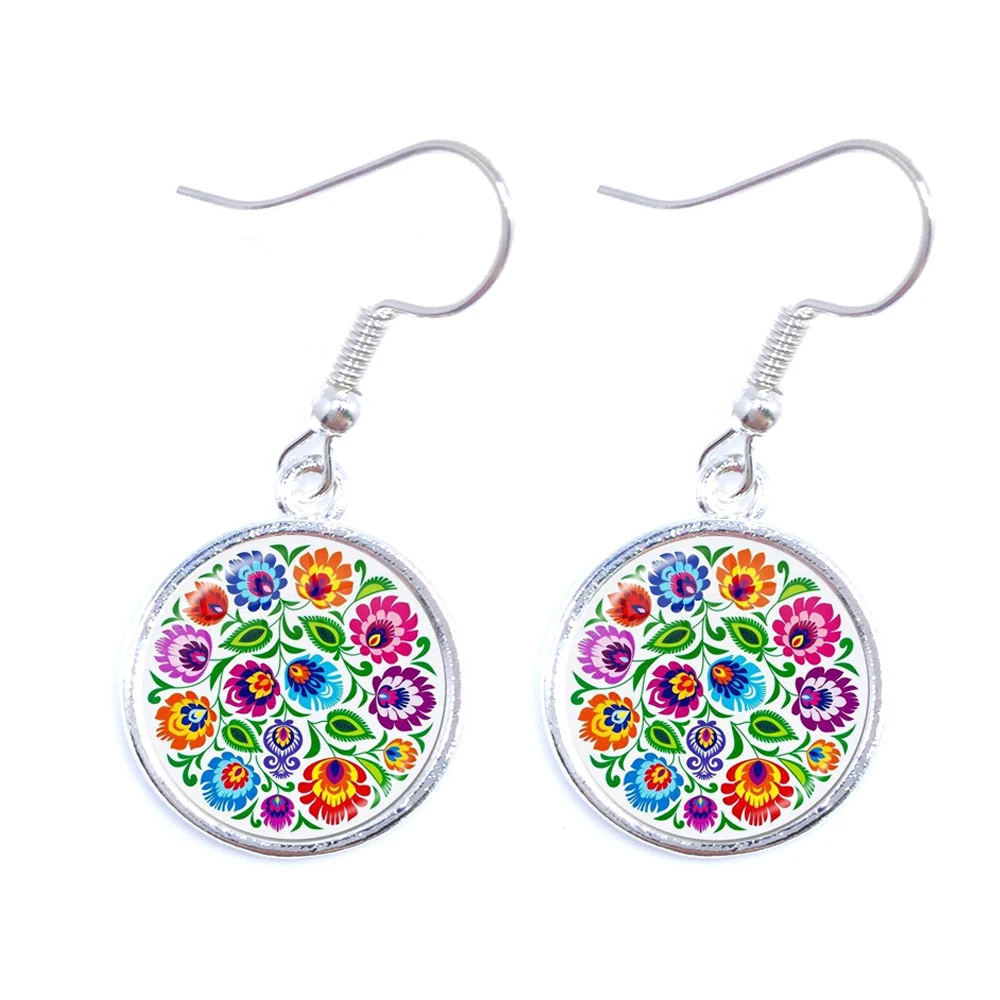 Ethnic Polish Folk Art Pattern Drop Earrings Bohemia Fashion Flower Print Round Jewelry For Women Girls Gift