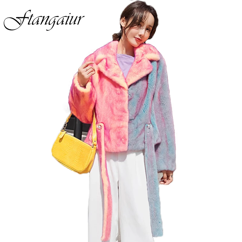 Ftangaiur New Winter Import Velvet Mink Fur Coat Magic color With Long Sashes Mink Coats Women Short Slim Real Mink Fur Coats