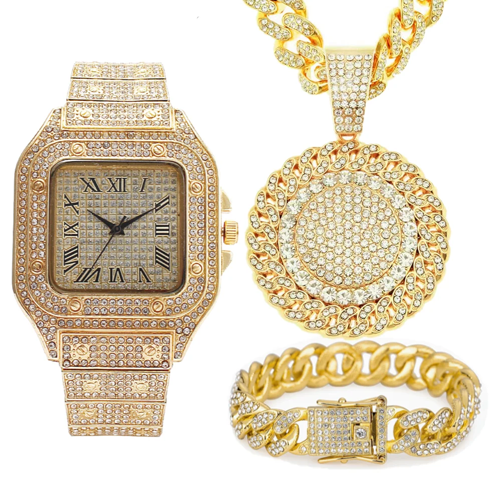 3pcs Iced Out Necklace Bracelet Watches Rhinestone 13MM Miami Cuban Chain Pandent CZ Bling Rapper Gold Men Jewelry set