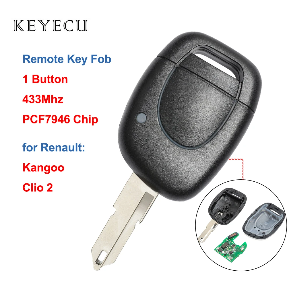 Keyecu-mando a distancia de repuesto para coche, 1 botón, 433MHz, con Chip PCF7946, para Renault Clio 2 2002-2008, para Kangoo 2002-2004