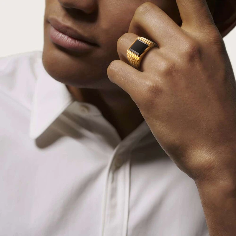 Fashion Gold Color Geometric Black Stone Ring Stainless Steel Minimalist Fine Jewelry For Men Women Party Gift image 3