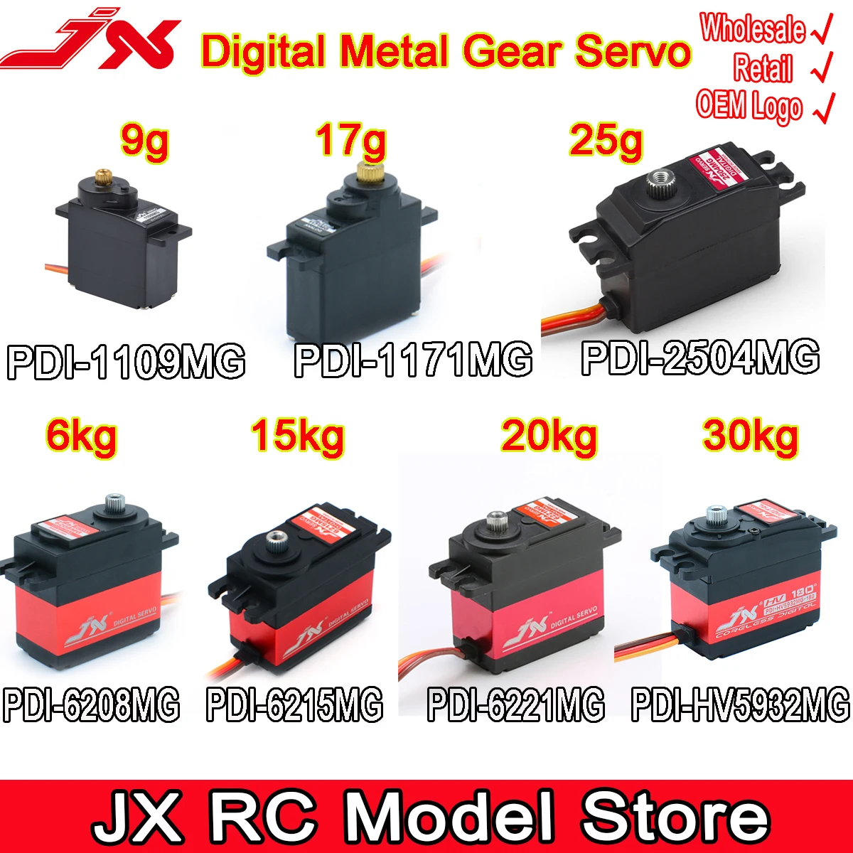  JX Digital RC Servo 9G 17G 25G 6KG 8KG 15KG 20kg 30kg Metal Gear Servo for 1/8 1/10 RC Car Boat Duct Plane Airplane Robot Parts