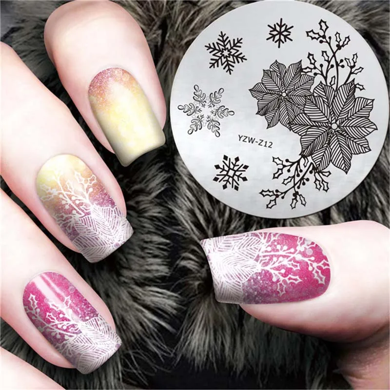 

Nail art stamping plates round shape christmas style snow man flower plant Geometric stainless steel nail printing stencil FW045