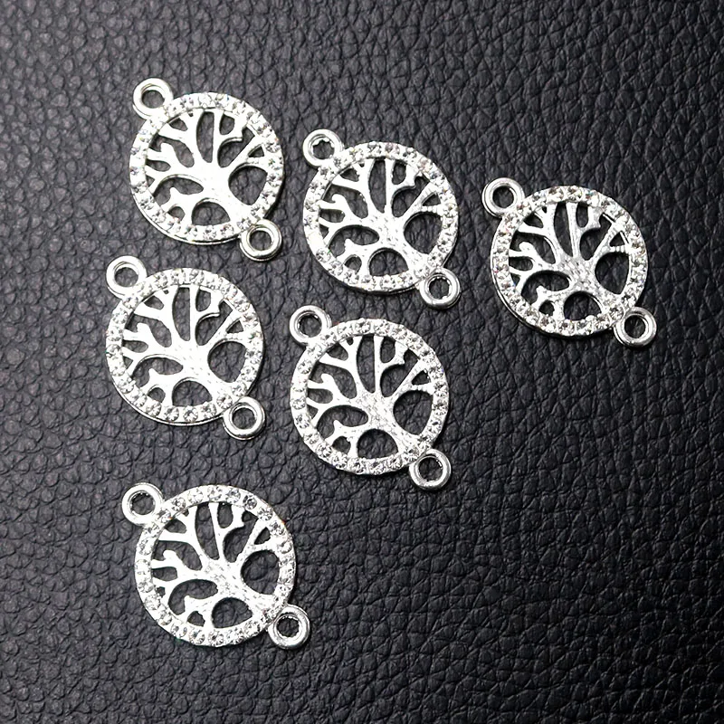 8pcs/lot silver plated Tree of Life Shaped Double Hanging Connector Rhinestone Charms Necklace Pendant DIY Jewelry Making