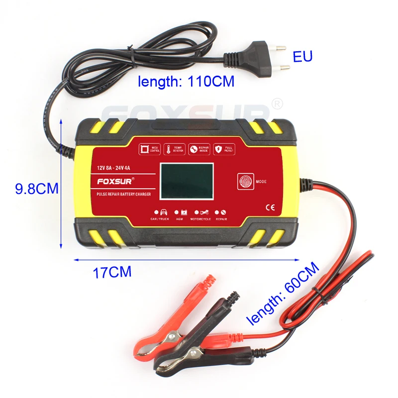 Foxsur 12v-24v 8a carro motocicleta carregador de reparação de pulso automático completo bateria-carregadores display lcd digital