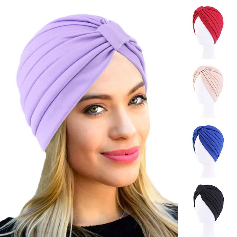 Lenço muçulmano, chapéu turbante com nó, cor sólida, feminino, hijab