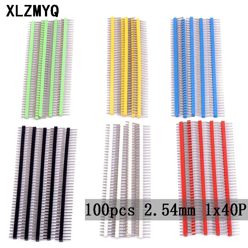 Tira de conectores y bloques de puente macho de una sola fila, 100 piezas, 2,54mm, 1x40p, negro, azul, verde, rojo, blanco, amarillo, DIY