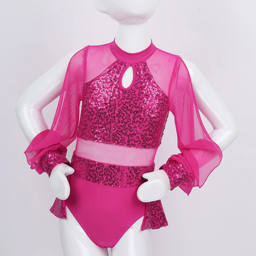 Costume de justaucorps à paillettes scintillantes pour filles, tenue de ballet pour enfants, trou de serrure, Tulle épissure, costume de danse moderne et contemporain pour salle de bal