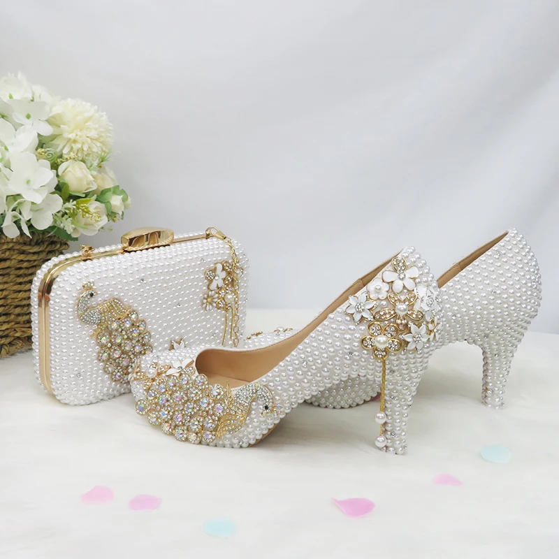 BaoYaFang White wedding shoes with matching bags bride High heels platform shoes Woman Ladies Party shoe bag set Fashion Pumps