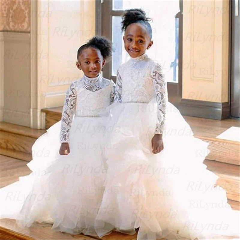 

White High Neck Flower Girl Dresses With Sash Long Sleeves Tiers Little Girl Wedding Gowns Lace And Tulle Tiered Girls Pageant