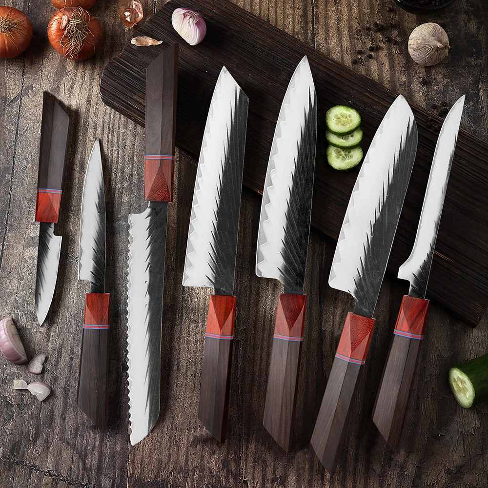 XITUO Handmade Knife Set 1-7PCS Japanese Three-layer clad steel Black Sandalwood Handle Chef knives Slicing Santoku knife