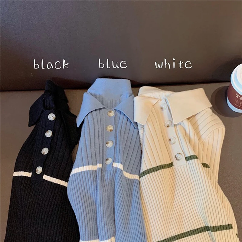 gkfnmt Women Sweater 2021 New Fashion Turn-down Collar Autumn Winter Striped Office Lady Pullover Slim Knitted Sweaters Chic