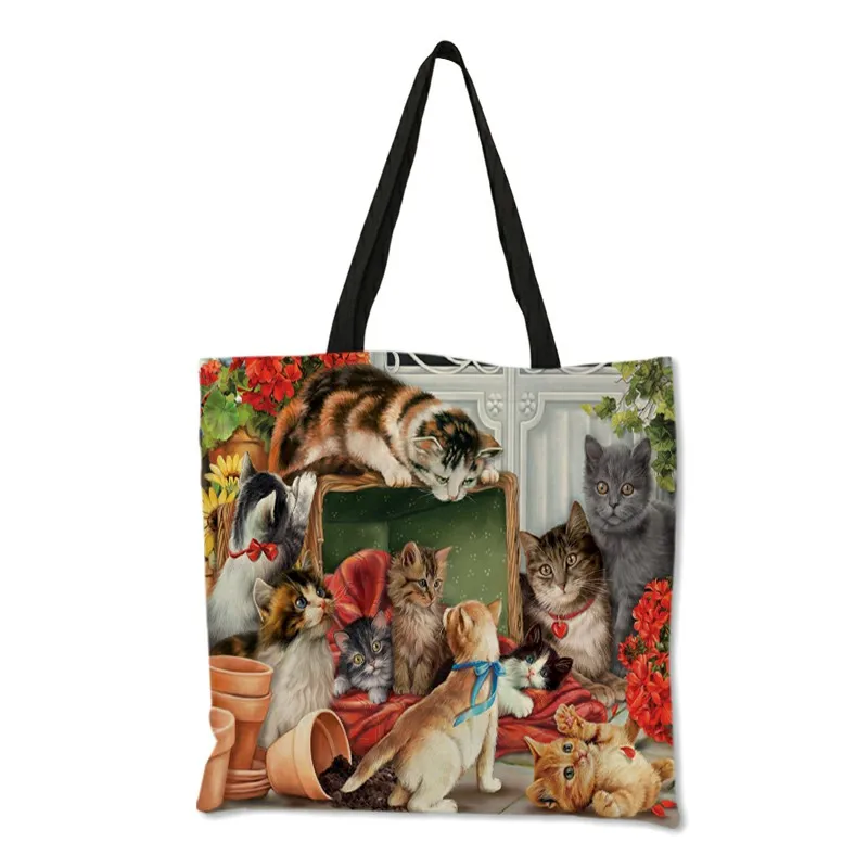 Oil Painting Cat Print Women Tote Bags Linen Reusable Shopping Bag Shoulder Bags for Women 2019 	 sac a main ladies handbags