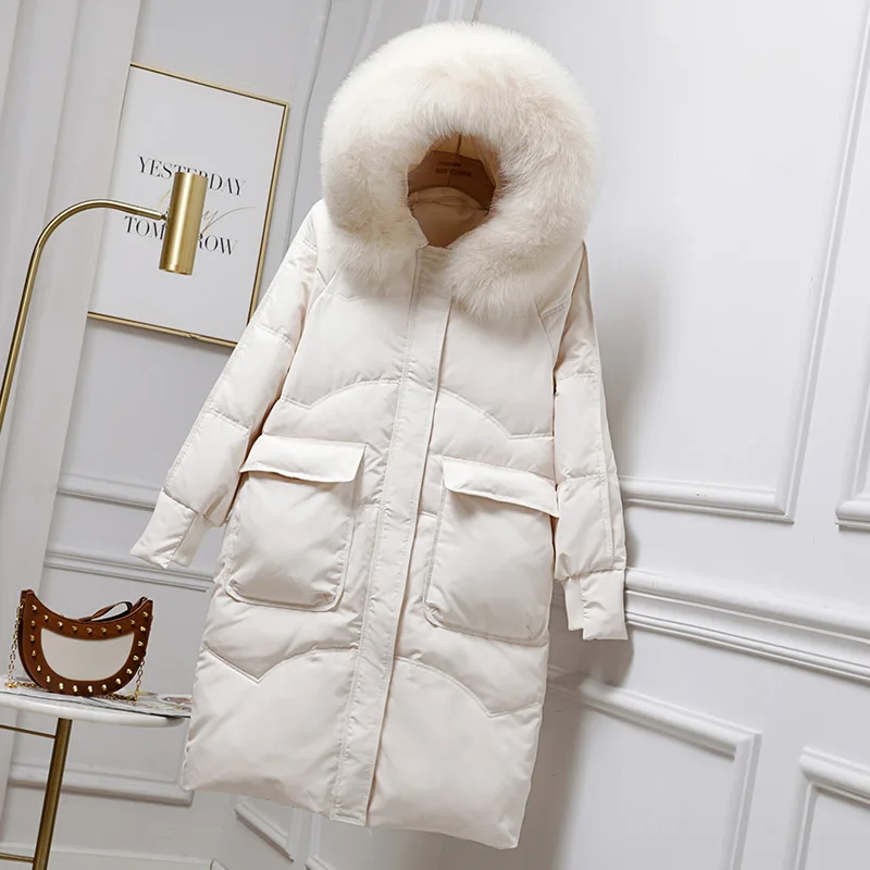 Women Down Jacket Natural Fox Fur Hooded Winter Jacket Down Coat Female Casual Solid Loose Thick Warm Parkas