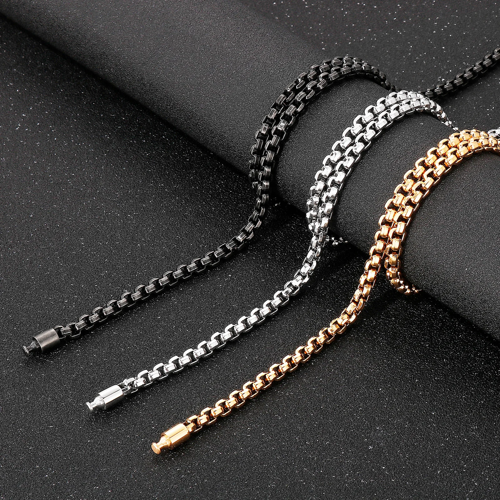 Fongten 55cm Square Box Chain Necklace For Men Stainless Steel Heavy Men Collar Choker Multiple Color Hip Hop Charm Jewelry