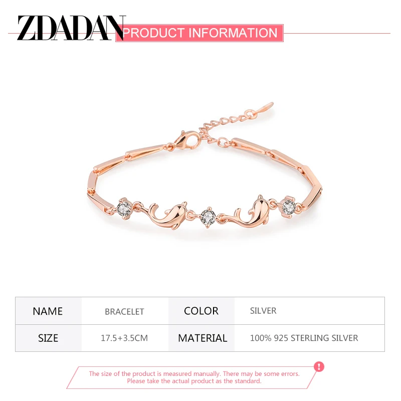 ZDADAN 925 Sterling Silver Rose Gold Dolphin Zircon Bracelet For Women Fashion Gift Wedding Jewelry