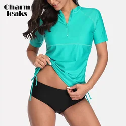 Charmleaks Donne Manica Corta Protezioni Camicette Zip Anteriore Costumi Da Bagno Rashguard Top Lato Bendato Surf Top Diving Camicia UPF 50 +