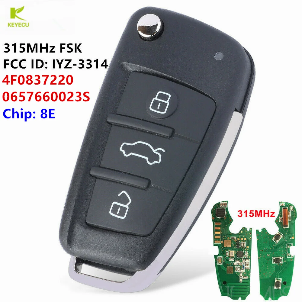 KEYECU 3Buttons Remote Key Fob W/O Keyless Proximity 315MHz For Audi A3 A6 S6 Q7 TT 2006-2015 IYZ 3314 PN: 4F0837220/0657660023S