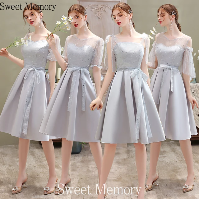 N2069 Half Sleeve Gray Short Satin Bridesmaid Dresses Knee length Prom Dress Graduation Wedding Gown Bridesmaid Dresses AliExpress