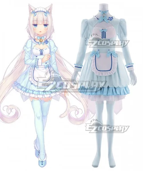 Nekopara Vol. 4 Vanilla Maid Lolita Dress Cute Cat Girls Role Play Cat Tails Halloween Party Blue Dress Cosplay Costume E001