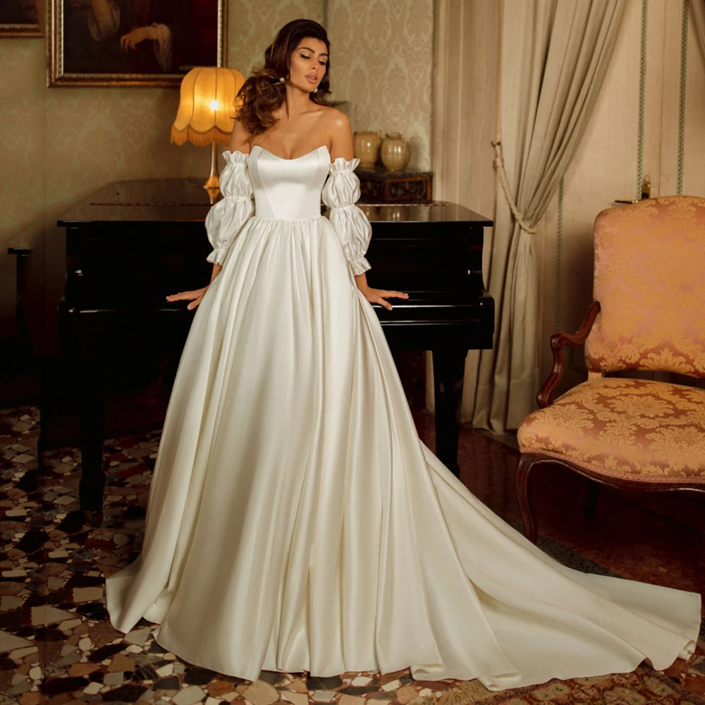 

Elegant Wedding Dresses 2022 Simple Satin Bridal Gowns Off The Shoulder Wedding Gown With Detachable Sleeves vestido de noiva