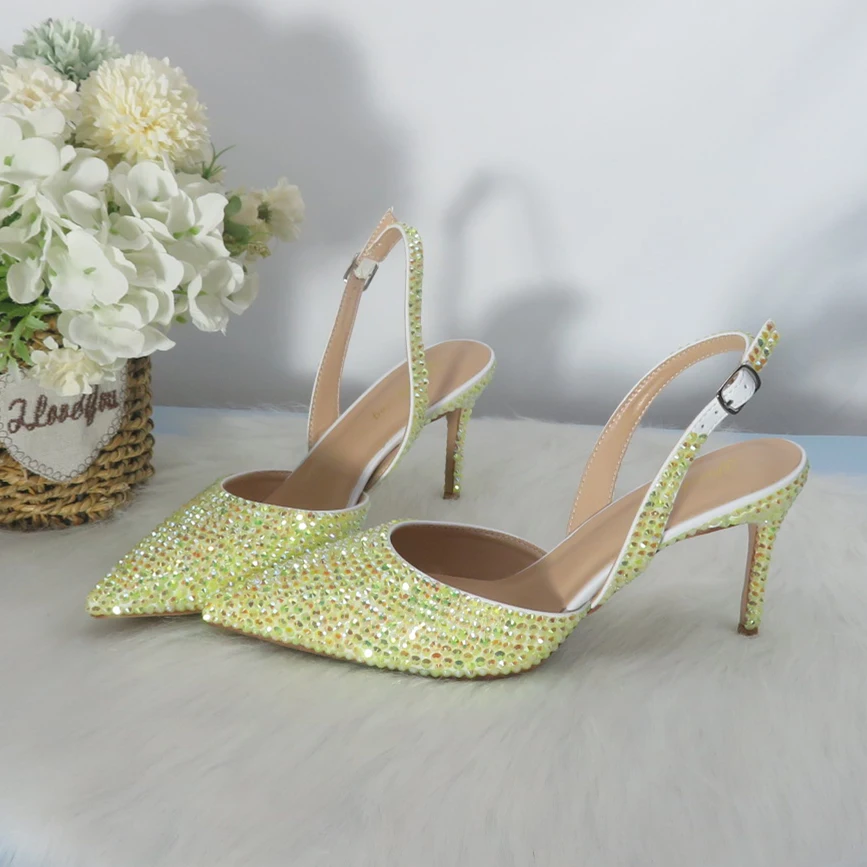 2022 New Arrival Heart  Yellow Bling Pointed Toe Wedding Shoes and bag Woman High Pumps Thin Heel Party Dress Shoes Slingbacks