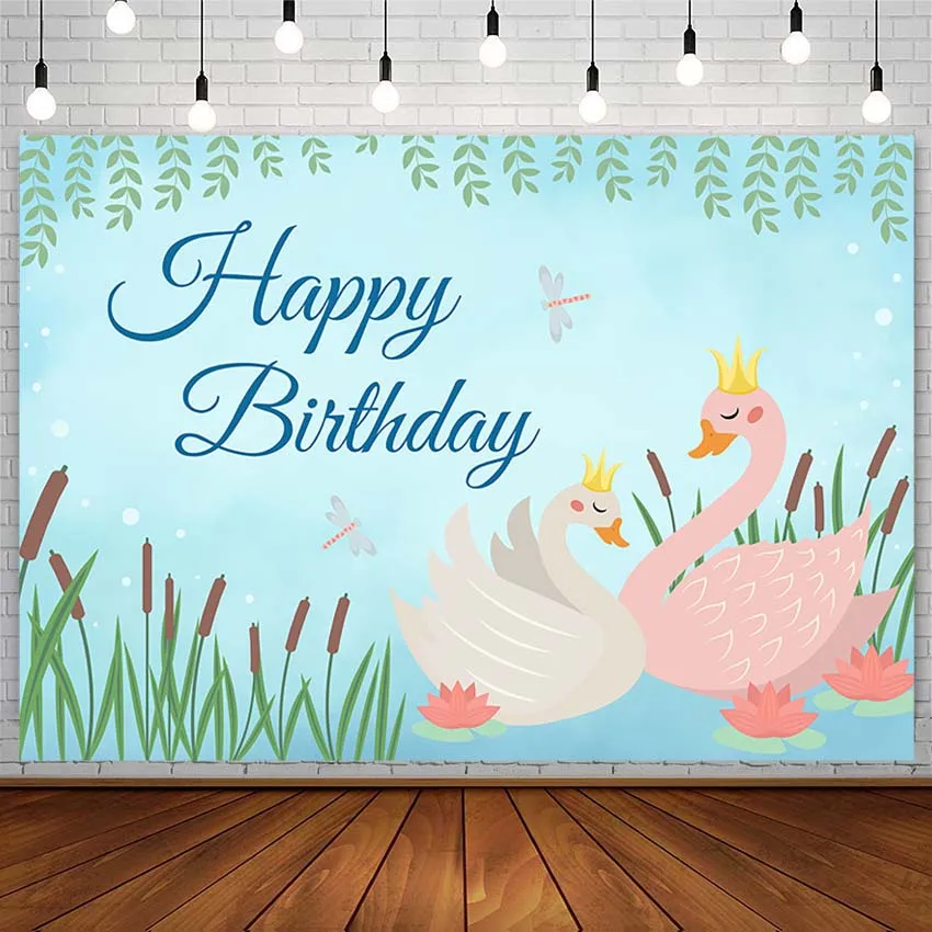 

Avezano Happy Birthday Backdrop Swan Crown Lotus Willow Leaves Photography Background Decoration Photo Studio Photozone