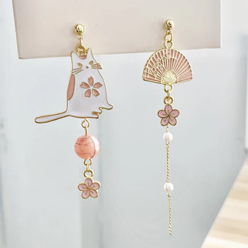 Korean Style Flower Cute Animal Dangle Earrings For Women Moon Stars Kitten Rabbit Balloon Asymmetric Earring Party Jewelry Gift