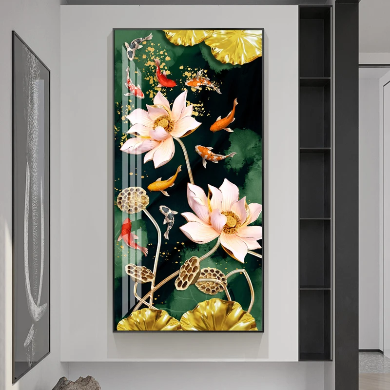 Nordic Luxury Lucky Nine Fish Canvas Painting Feng Shui Koi Posters Lotus Flowers Wall Pictures for Corridor Living Room Decor