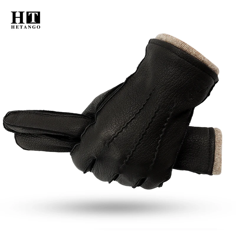 New men\'s winter gloves deerskin warm soft external suture outdoor black wave pattern high quality cold gloves wool lining