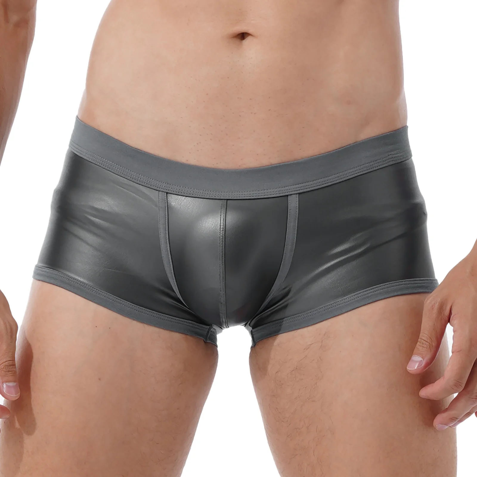 Mens Faux Leather Boxer Shorts Sports Shorts Low Waist Swimming Trunks Swimwear Shorts Bulge Pouch Elastic Waistband Underpants