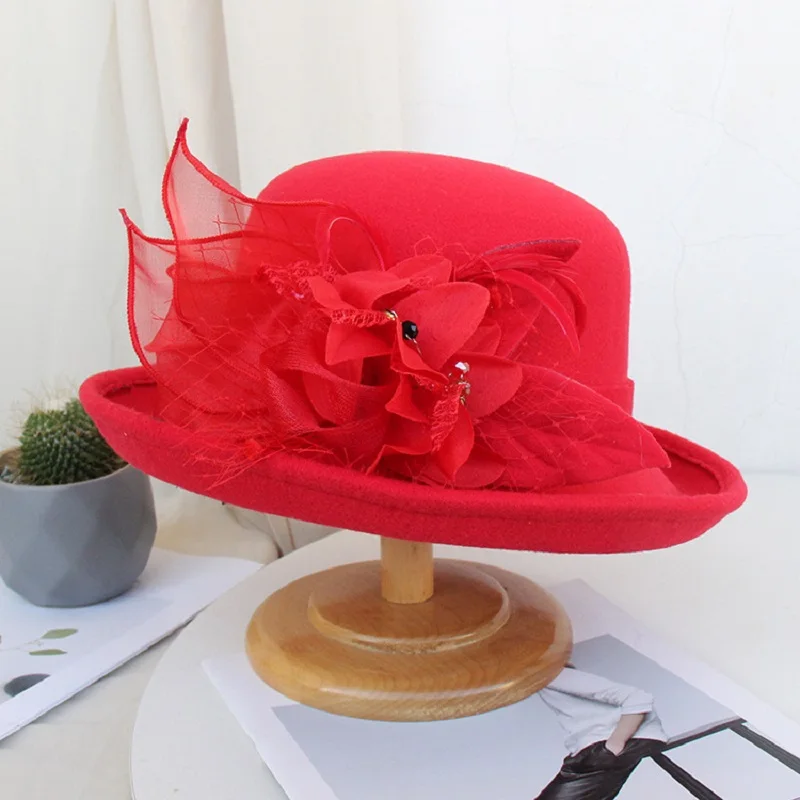 2021 frauen Warme Wolle Filz Blumen Hut Damen Breiter Krempe Hut Herbst Winter Edle Elegante Mädchen Mode Party Kappe Dekoration – Detail 16