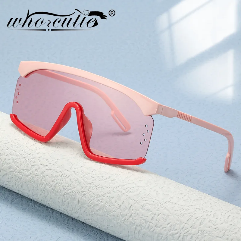 WHO CUTIE Semi-Rimless Oversize Women Sunglasses Fashion One Piece Pink Square Trendy Big Frame Shades Ladies Sun Glasses UV400