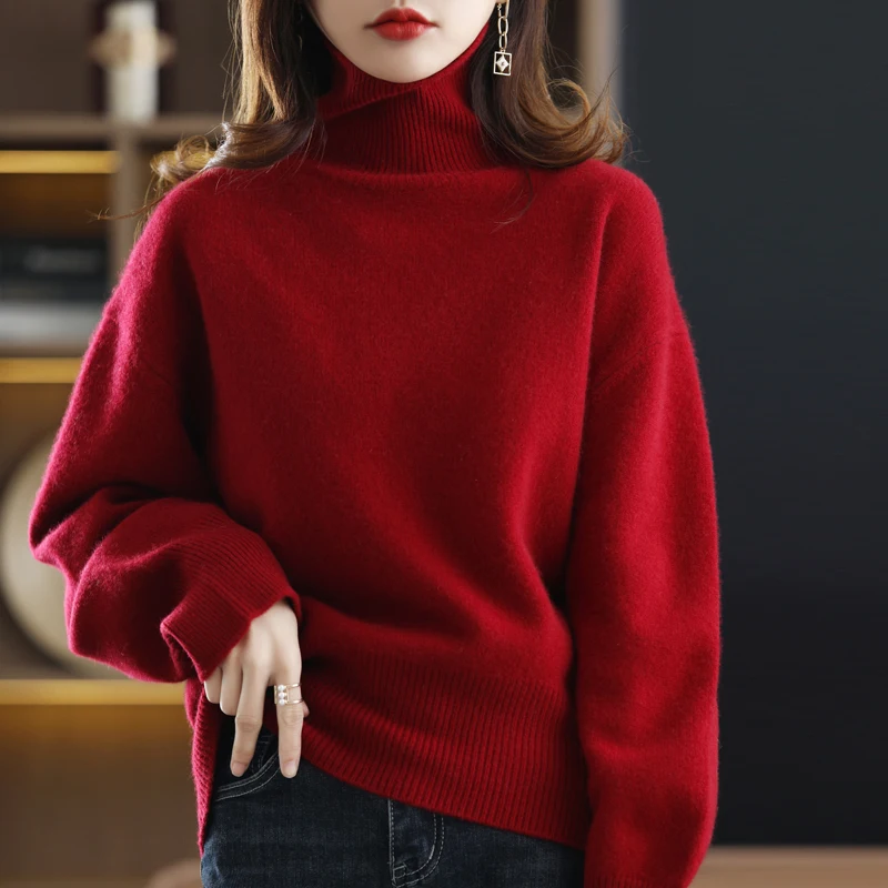 Wool Sweater Women 2021 Autumn and Winter New 100% Pure Wool Turtleneck Sweater Ladies Loose Thick Pullover Cashmere Sweater Top