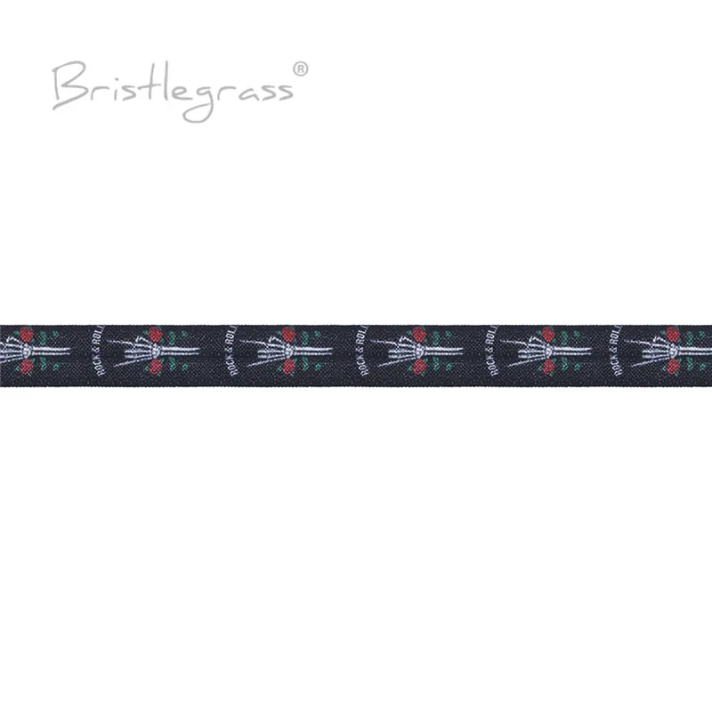 BRISTLEGRASS 2 5 Sân 5/8 "15Mm Đá Đầu Lâu In Hoa Hồng Gấp Gọn Trên Thun Kẻ Thù Thun Satin Dây Tóc dây Buộc Đầu DIY May Viền