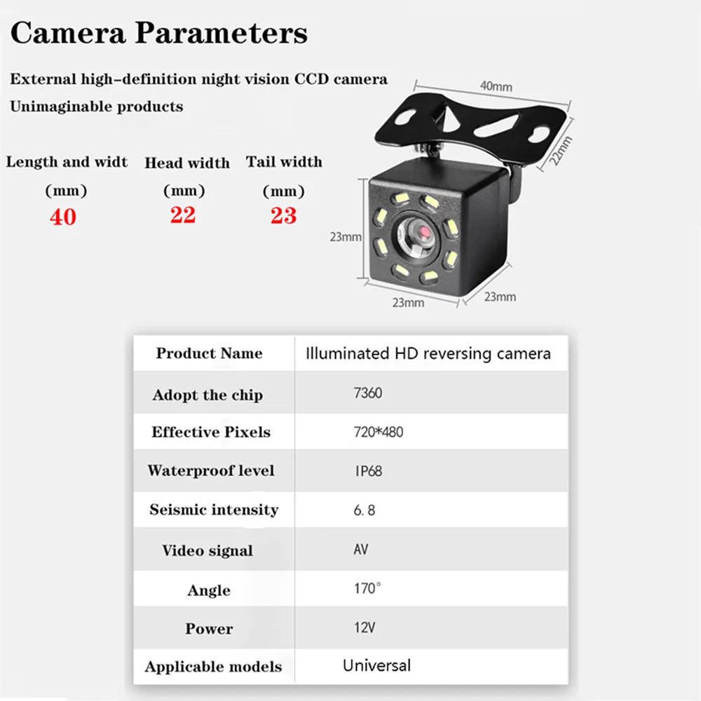 Cámara de visión trasera para coche, Monitor de aparcamiento automático, CCD, IP68, impermeable, imagen de alta definición de 170 grados, 4LED,