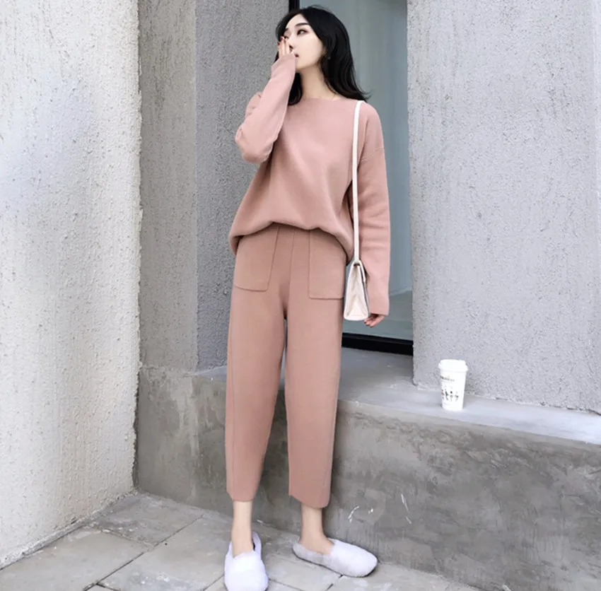 2024 New Autumn Winter Knitting 2 PCS Set For Women O Neck Thick Loose Sweater Tracksuits + Casual Ankle-Length Pants Warm Suits