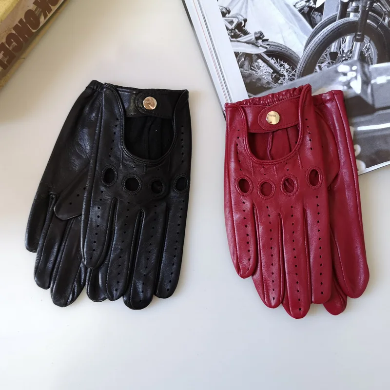 Women\'s Real Leather Gloves Ultra-thin Short Style Single Layer Unlined Driving Imported Lamskin Locomotive Gloves EL041N