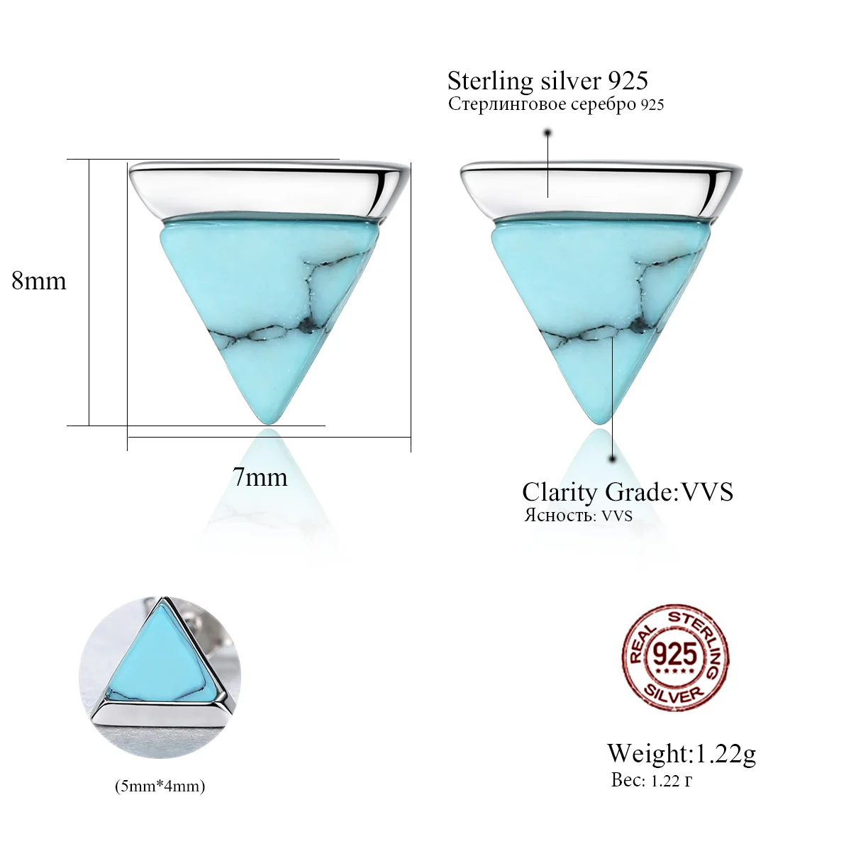 PAG&MAG Solid 925 Sterling Silver Triangle Natural Turquoise Stud Earrings For Women Wedding Bridal Female Fine Jewelry Gift