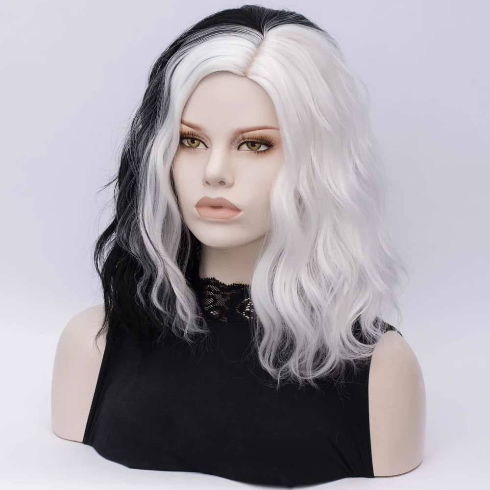 Similler Synthetic Black White Patchwork Colors Short Cosplay Wigs for Women Curly Hair Central Part with Free Wig Cap