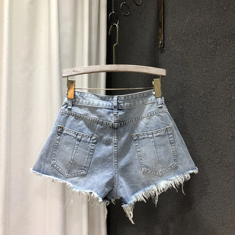 Summer New Single Breasted High Waist Denim Shorts Womens Sexy Hotpants Streetwear Vintage Light Blue Tassel Female Mini Jeans