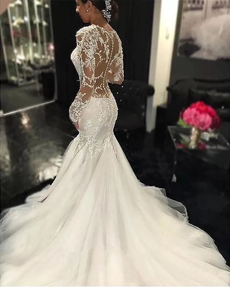 2021 MYYBLE Appliques maniche lunghe con paillettes luminose pizzo ricamato su rete Illsuion sirena abiti da sposa bottone Tulle treno